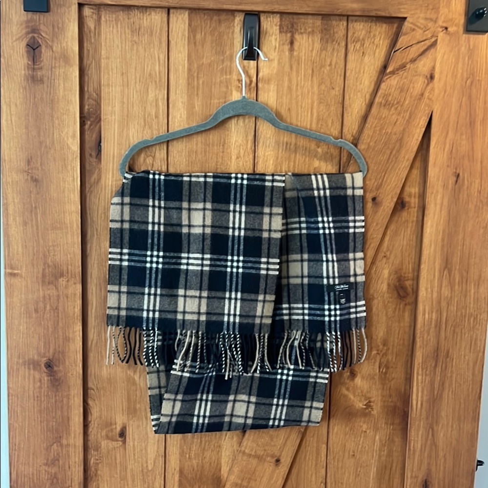 Saks Fifth Avenue Black and Tan Plaid Scarf with Fringe